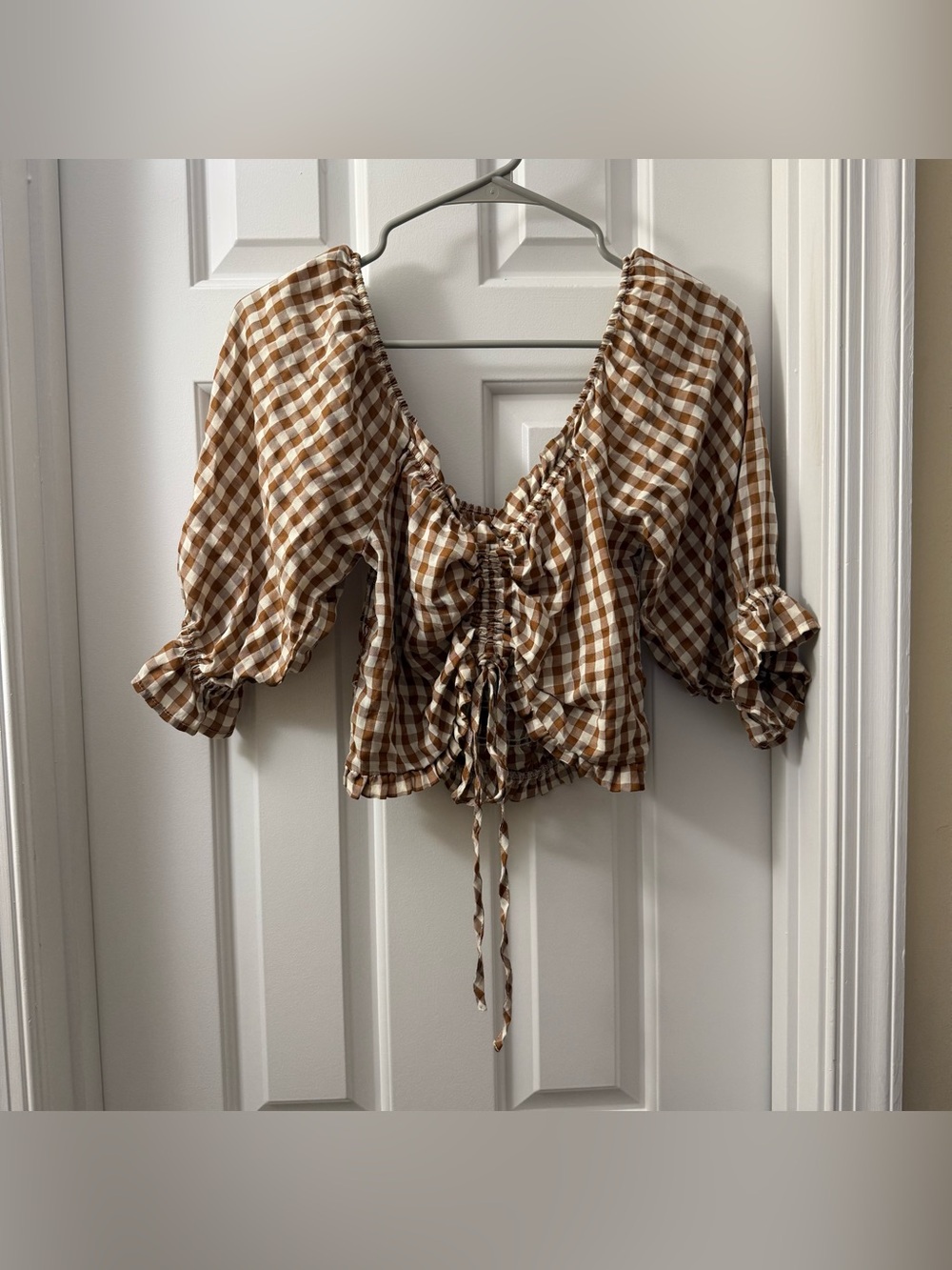 Gingham Ruched Crop Top in Brown - Women's